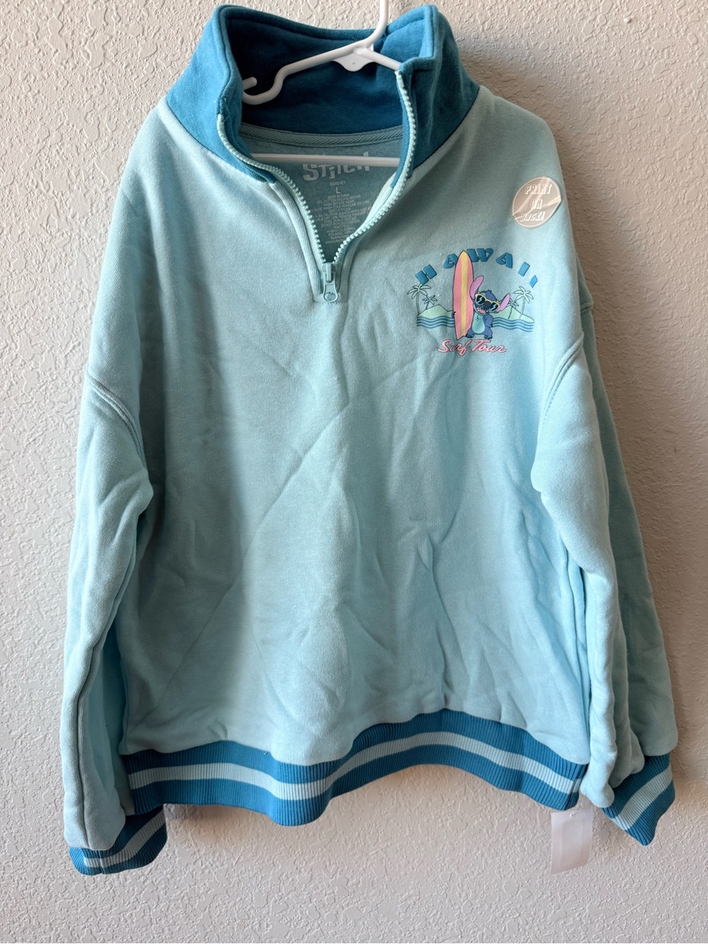 Light Blue Cowl Quarter-Zip Sweater with Surf Graphic